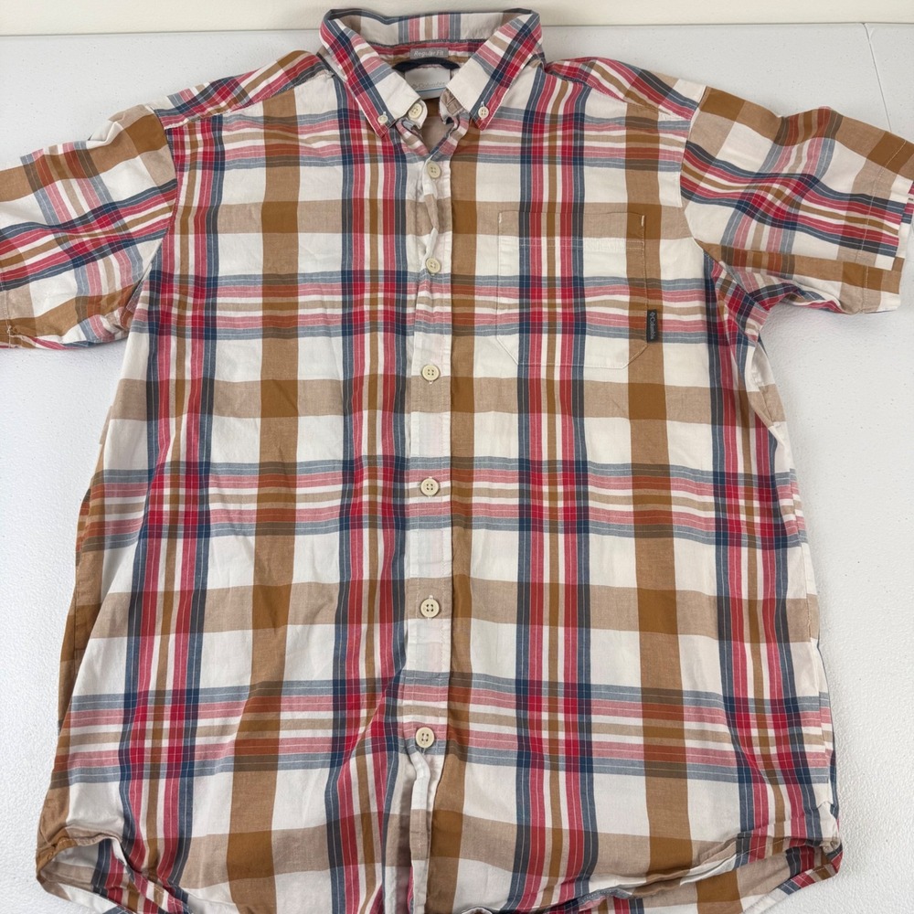 Columbia Mens‎ Large Regular Fit Short Sleeve Plaid Button Down Shirt Brown Red